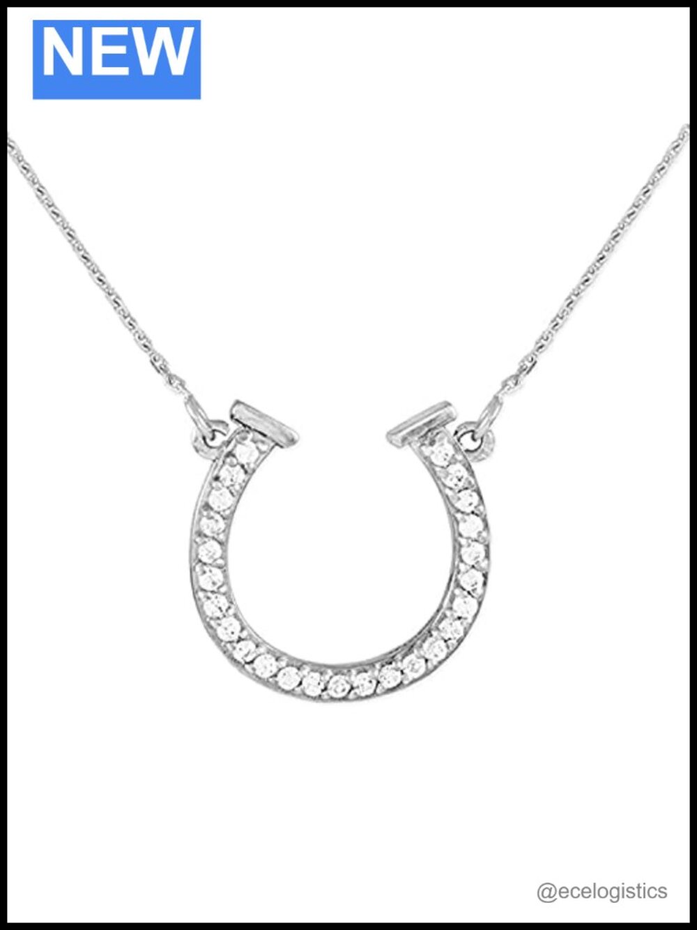 .925 Sterling Silver Cubic Zirconia Lucky Horseshoe Pendant Necklace Rolo Chain